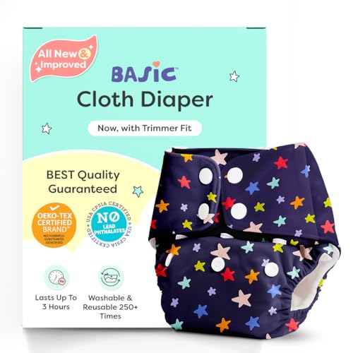 Image of BASIC Reusable Cloth Diapers | New Trimmer Version | Adjustable, Washable & Rash-Free | Includes Absorbent Pad with Dry Feel Layer | Fits 3M-3Y (5-17kg) | Certified & Comfortable for Babies