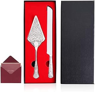 Cake Knife and Server Set: Stainless Steel Wedding Cake Cutting Set Plating with Carved Pattern Design Elegant Cake Pie Pastry Server Spatula Set Perfect for Wedding Birthday Shower Parties (Silver)