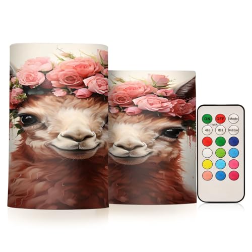 Llama Flowers (2) Flickering Flameless Candles Battery Operated with Remote Timer,Tea Light Candles LED Pillar Votive Candles Set of 2 for Outdoor Indoor Decorations