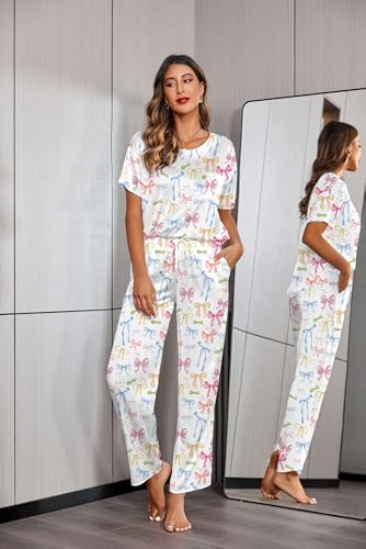 Image of Ekouaer Womens Satin Silky Pajama Set Short Sleeve Shirt with Long Pajama Pant Set Soft PJ Loungewear