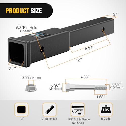 Image of Nilight Trailer Hitch Extender 12 Inch Extension Length Fits for 2 Inch Receiver Tube with 5 /8 Inch Stainless Steel Bolt Flange Nut and Clip 3,500 LBS GTW Matte Black