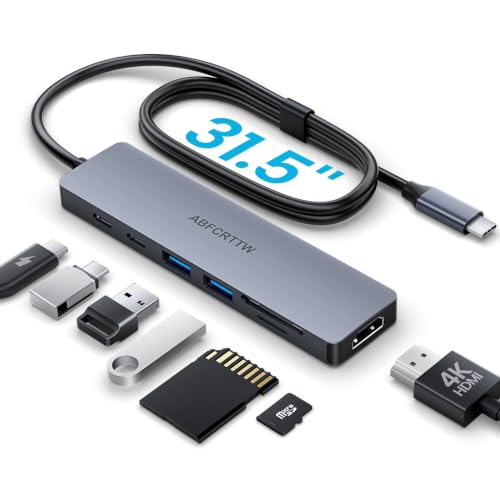 Image of 7 in 1 USB C Hub Multiport Adapter for MacBook, Laptop, iPad | USB C Docking Station with 31.5'' Cable, 4K@60Hz HDMI, 100W PD Fast Charging , 2 USB 3.0 & USB-C Data Port, SD /TF Card Reader