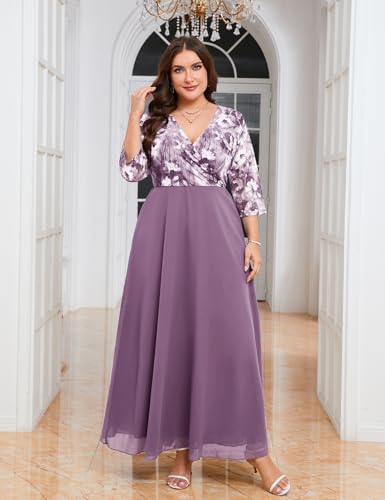Image of ZOMVA Plus Size Maxi Formal Dress Lace Chiffon Floral V-Neck Wrap Wedding Guest Evening Gown Cocktail Prom 3 /4 Sleeves