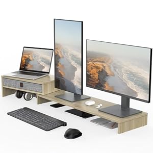 Fenge Dual Monitor Stand With Drawer – 2 Shelf Riser With Adjustable Length and Angle, Wood Stand for 2 Monitors, Laptop PC, Computer, Printer, Desktop Organizer, Oak