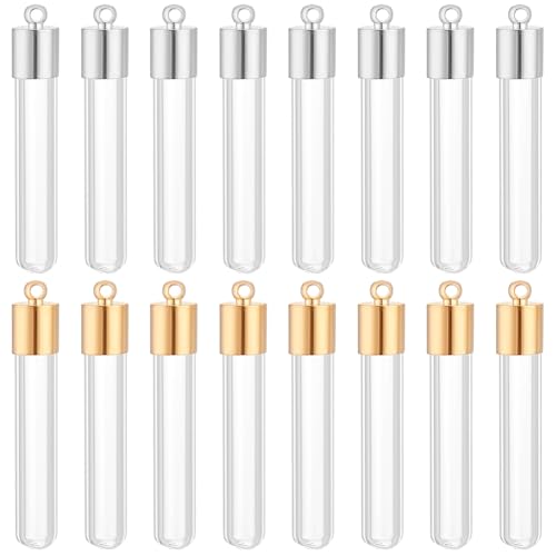PandaHall 16 Stück Klare Glasflaschen Anhänger, 34mm Leere Glasflaschen Röhren Wunschflaschen mit Goldenen/Silbernen Metallkappen für Handwerk Halsketten Ohrringe Schmuckherstellung