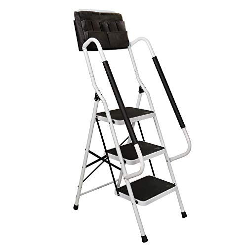 SUPPORT PLUS Folding 3-Step Safety Step Ladder - Padded Side Handrails - Attachable Tool Pouch Caddy