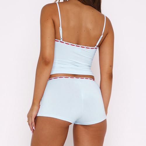 Image of Yuemengxuan Women Two Piece Outfits Y2k Boy Shorts Set Sleeveless Crop Top Button Down Shorts Set Loungewear Pajamas Set