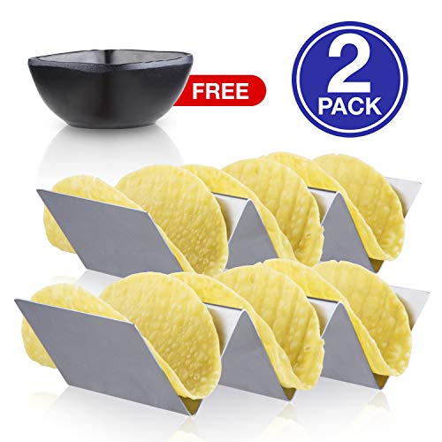 Stainless Steel Taco Stand (2 PACK) – Restaurant Style Quality Taco Holder with Bonus Salsa Cup | 100% Dishwasher and Oven Safe | Great for Taco Tuesday, Warming Tortilla Rack, Hard Shell Taco Mold