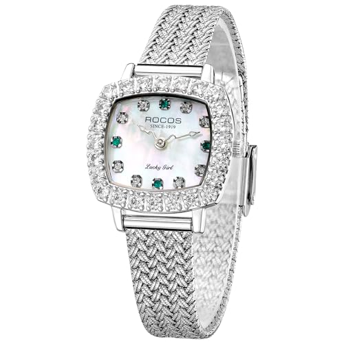 Image of ROCOSJEWE Luxury Silver Diamond Ladies Watch for Women, Square Quartz Wrist Watch with Natural Mother-of-Pearl Dial, Elegant Small Dial, Premium Branded Women's Watch, Gift for Women R0264
