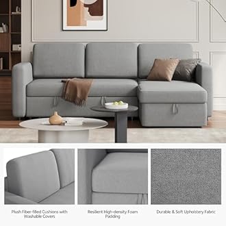 Yaheetech Sectional Sofa L-Shaped Sofa Couch Bed w/Chaise & USB, Reversible Couch Sleeper w/Pull Out Bed & Storage Space Living Room Light Gray