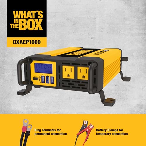 DEWALT DXAEPI1000 Power Inverter 1000W Car Converter with LCD Display: Dual 120V AC Outlets, 3.1A USB Ports, 12V DC Adapter, Battery Clamps - Image 3