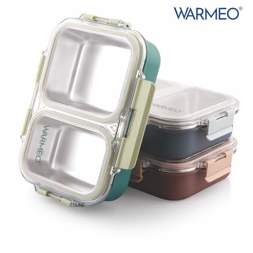 Image of WARMEO BENTO Microwave-Safe Stainless Steel Lunchbox with 2 compartments,bpa Free,Perfect for Office, School, Travelling,750ml-Green