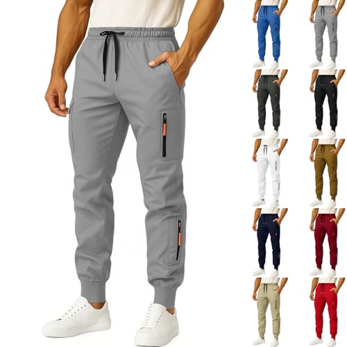 Cargo Sweatpants for Men Baggy Comfy Athletic Joggers with Zipper Pockets Elastic Waist Outdoor Running Hiking Pants
