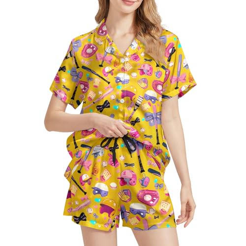 Image of Funny Satin Pajamas Set for Women Button Down Sleepwear Print Pjs Set 2 Piece Short Sleeve Loungewear Gift for Women