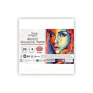 Zen Sangam Artists' Gouache Papers Sheets, 300 GSM Cold Pressed Rough Grain Surface, Acid Free, Square Size (15x15cm - 24 Sheets) for Gouache, Watercolor, Acrylic, Ink and Mixed Media