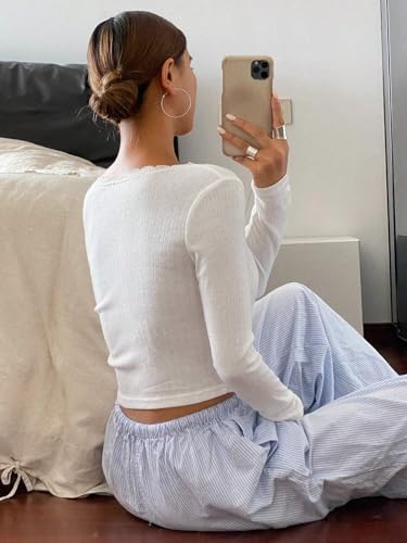 Image of Cioatin Women V Neck Lace Trim Button Down Open Front Pointelle Crop Cardigan Long Sleeve Clean Fit Y2K Minimalist Shirt Tops