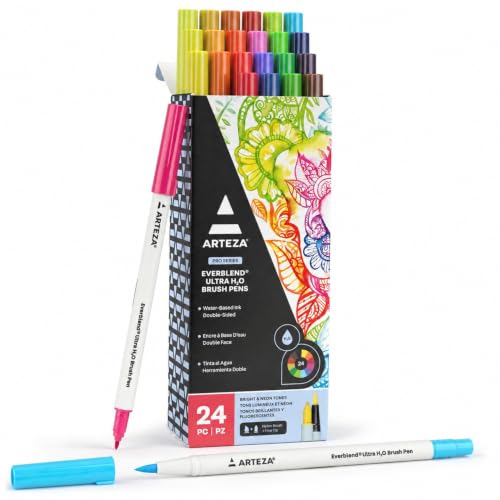 ARTEZA Dual Tip Brush Pens, 24 Watercolor Calligraphy Markers, Bright and Neon Tones, Nylon Brush and Fine Tip