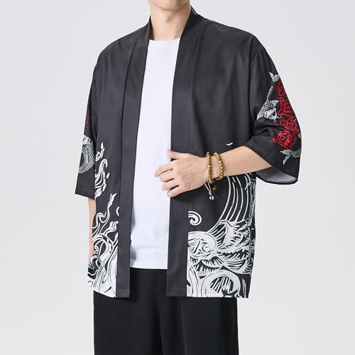 Image of PRIJOUHE Men's Lightweight Kimono Jacket Seven Sleeve Open Front Cardigan Coat Japanese Style Bathrobe