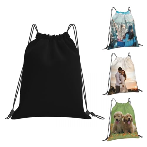Personalized Gym Bag with Drawstring, Add Your Picture/Logo/Text, Custom Drawstring Backpack for Camping, Beach, Shopping, Yoga, PureBlack, 14x16in