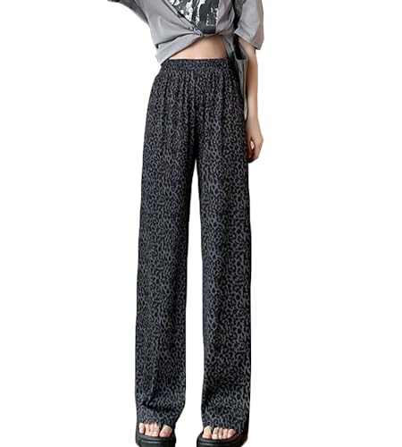 [MaxWant] パンツ ワイドパンツ レディース ロング丈 ボトムス リブ 薄手 楽ちん ウエストゴム 夏 春 柔らかい 涼しい 体型カバー (M, レオパード柄)