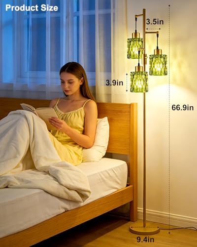 Image of Lightdot 67 inch 3-Light Glass Floor Lamp for Living Room, Dimmable with Green Glass Shade & E12 Bulbs Included, Mid Century Standing Tall Lamp with 5Lbs Heavy Base for Bedroom /Sofa Beside /Corner - Gold
