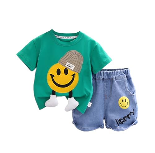Image of Bold N Elegant Unisex Kid Cotton Solid Playful Happy Face Print Half Sleeve T-Shirt & Denim Shorts Summer Clothing Set
