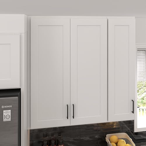 Image of Furinno Shaker 2 Doors 3 Shelves Wall Kitchen Cabinet, Ready to Assemble, 12 D x 30 W x 42 H, White