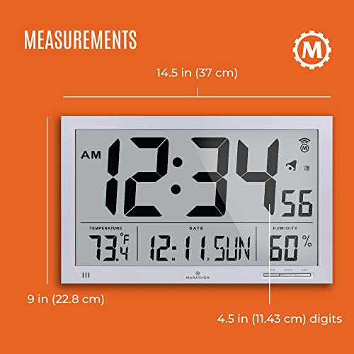 Marathon Slim Jumbo Atomic Wall Clock, Silver - Large, 15-Inch Display - Alarm, Am/Pm Or 24-Hour Time, Eight Time Zones, Indoor Temperature & Humidity - Four Aa Batteries Included #TOP4