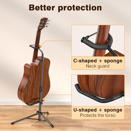 Image of New Bee Guitar Stand, Height Adjustable Foldable Guitar Stand with Secure Support for Acoustic, Electric, Bass and Banjos, Load Capacity 20LB