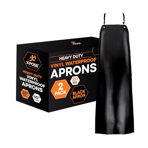 Xpose Safety Heavy Duty Vinyl Waterproof Aprons, White - For Home, Industrial and Commercial Use - Chemical Resistant (Black, 2 Pack)