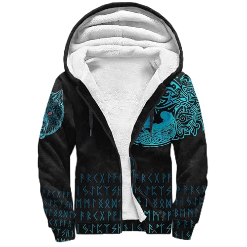 Viking Nordic wolf Tattoo Men's Zip up Heavyweight Hoodie, 3D Print Thickened Warm Winter Jacket, Medieval Fleece Lined Coat