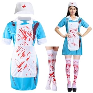 IWTBNOA Zombie Krankenschwester Kostüm Damen, Krankenschwester Zombie Set, Schaurige Krankenschwester Zombie, Halloween Kostüm Erwachsene Horror Blutige Krankenhausar kleid Uniform Zubehör
