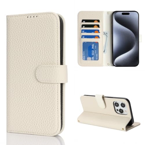 Étui portefeuille iPhone 15 Pro cuir véritable beige housse clapet magnétique