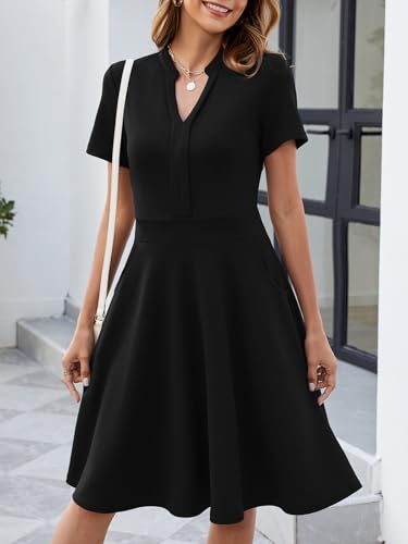Mokayee Womens Summer Short Sleeve V Neck Fit and Flare Semi Formal Work Wedding Guest Dresses with Pockets3