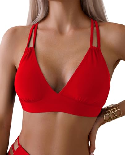 Tainehs Womens Push Up V Neck Bikini Tops Criss Cross Back Padded Bathing Suit Top Only Red