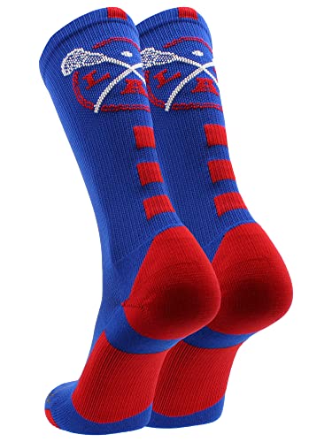 MadSportsStuff LAX Lacrosse Socks with Lacrosse Sticks Athletic Crew Socks (Royal/Red, Large)