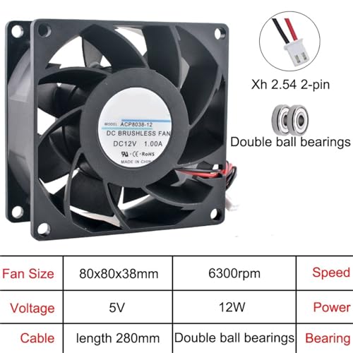 Ventilador axial industrial de alta velocidad de 80 mm (80 x 80 x 38 mm), 5 V/12 V/24 V CC, for refrigeración de servidores, fuente de alimentación y convertidor de frecuencia ACP8038.(DC12V) - imagen 2