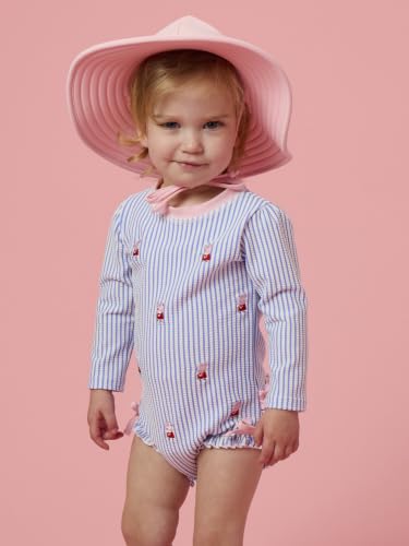 Image of RuffleButts Baby Girls Seersucker Rash Guard - One Piece Swimsuit UPF 50+ | Premium Quality, 4-way Stretch, Snap + Zipper Closure, Long Sleeves, Hand Wash, UPF 50+ Sun Protection