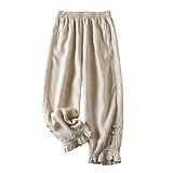 Womens Cotton Linen Pants Vintage Embroidery Elastic Waist Solid Color Casual Pants Ruffle Cropped Trousers Pockets