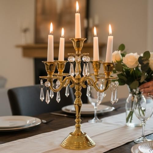 Image of Premium 12 Inch Golden Aluminum 5-Arm Candle Stand with Crystal Hangings | Luxury Centerpiece for Home Decor, Weddings, Festive Decoration & Dining Table