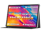 2025 Upgraded Android 14 Tablet, 11inch Tablet PC,Support Face Unlock, Octa-core CPU,12GB+128GB+1TB Expand, 8000mAh Big Battery, 18W Fast Charging, WiFi6, BT5.0,Touchscreen Display Tableta with Case