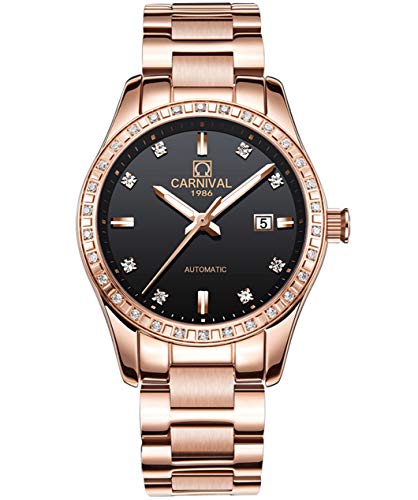 Image of Women's Diamond Automatic Mechanical Rose Gold Stainless Steel Sapphire Waterproof Lady's Elegant Blue Watch
