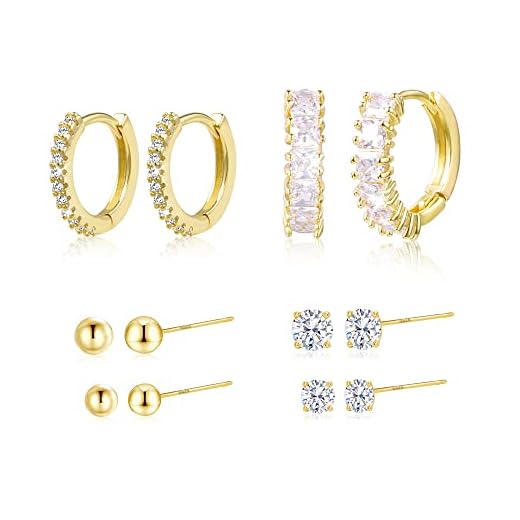 6 Pairs 14K Gold Plated Earrings Stud Set for Multiple Piercing, Cubic Zirconia Gold Hoop Earrings for Women, Lightweight Stud Earrings, Women Earrings, Hypoallergenic Earrings, Huggie Earrings