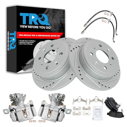 Image of TRQ Performance Rear Brake Pad and Rotor Set Semi Metallic Drilled Slotted G Coated Rotors Calipers Compatible with 1994 Acura Integra