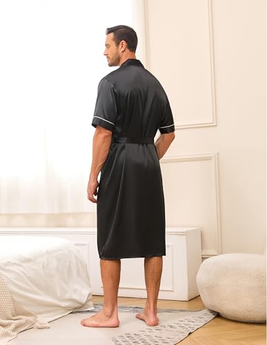 Men's Kimono Robe with Shorts 2 Pieces Silky Pajama Set Lightweight Satin Bathrobe Soft Sleepwear4