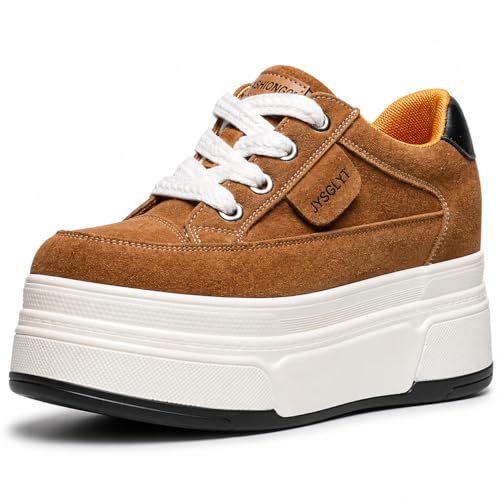 Image of Platform Sneakers For Women - (3 inch-3.5 inch )6cm Heel & 3cm Inner Lift, Comfortable Cushioned Arch Support, Non-Slip Casual Walking Shoes, Microfiber Leather Platform Shoes White Black Red Yellow