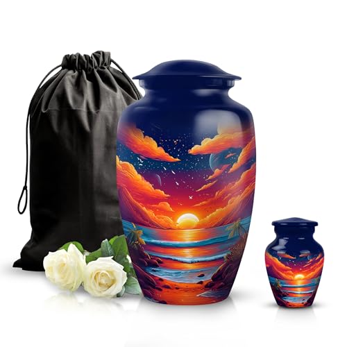 Image of Beach Urn - Cremation Urn - Combo 1 - Large with 3 Inch Pack of 1 - Small Urns for Human Ashes - Decorative Urns for Adult Male & Female - Large Funeral Urns