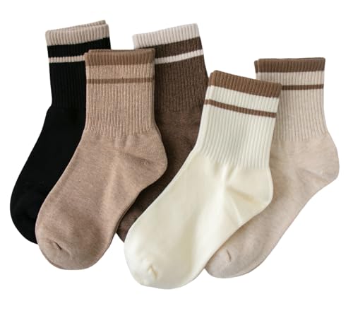 Image of Deeorla Womens Striped Crew Socks Brown Vintage Retro Athletic Socks 5 Pairs
