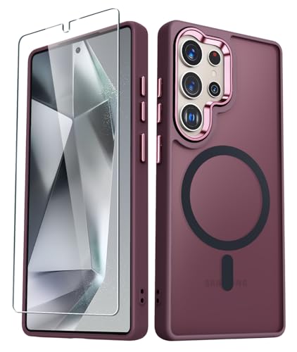 for Samsung Galaxy S25 Ultra Case, Matte Magnetic Phone Case with 1 Screen Protector, Support for Magsafe, Translucent Frosted Shockproof Protective Cover for Samsung Galaxy S25 Ultra, Wine Red