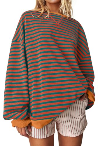 Image of UEU Women Oversized Striped Crewneck Sweatshirt Long Sleeve Color Block Pullover Tops Casual Loose Workout Shirt